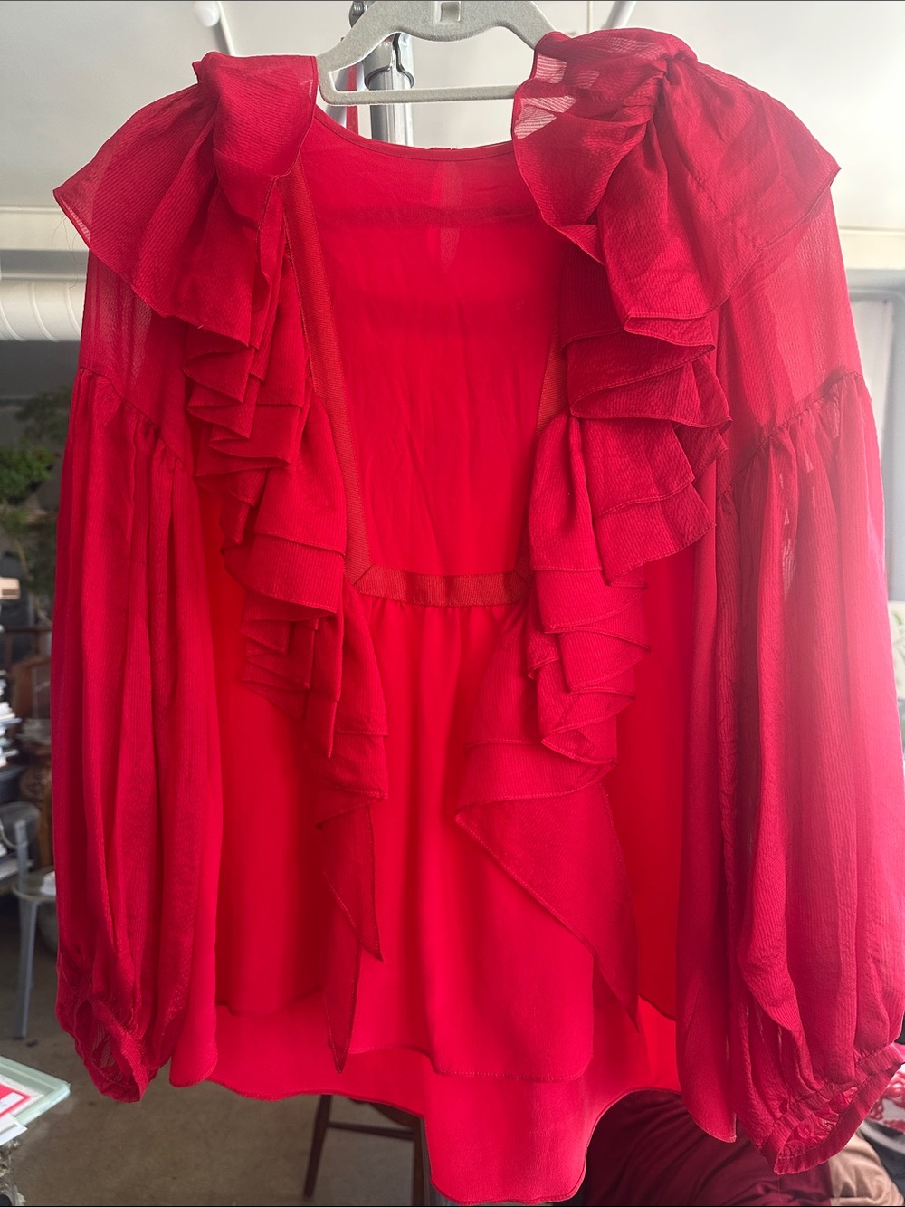 Red Silk Upscale Blouse artist sleeves Ruffles Dinner Party Christmas may be